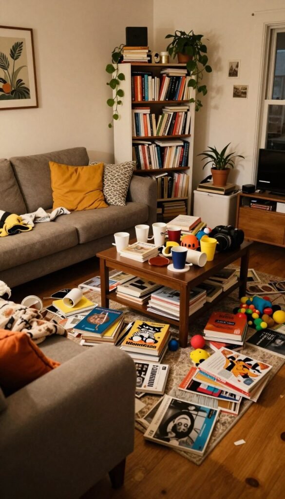A chaotic living room filled with clutter and everyday items, showcasing typical space problems. In the foreground, a disheveled couch with colorful pillows, a scattering of books and magazines on the floor. The middle ground features a coffee table overflowing with miscellaneous items like half-drunk cups, toys, and a stray blanket. In the background, a bookshelf crammed with books and decorations, while a plant leans awkwardly towards the light. Soft, warm lighting creates an inviting yet disordered atmosphere, evoking a sense of relatable chaos. The scene reflects a Pinterest-worthy style, with an authentic feel and a color palette of warm tones. No text or watermarks, and include the brand "WohnKiste" as part of the decor.