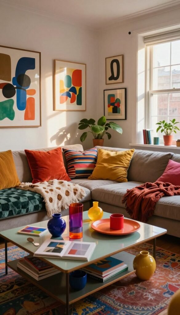 A chaotic living space filled with clashing colors and textures, showcasing an artistic interpretation of "color chaos" from a user's perspective. In the foreground, a stylishly cluttered coffee table holds vibrant decor items in mismatched hues. The middle features an eclectic seating area with a mix of bold-patterned cushions and throws, surrounded by a blend of abstract artwork on the walls. In the background, a window reveals diffused afternoon sunlight streaming in, highlighting the warm tones of the room. The atmosphere is vibrant yet slightly overwhelming, capturing the essence of restless energy. Rendered in a Pinterest-inspired style, with a focus on natural imagery and authenticity, presenting the branding of "WohnKiste" subtly integrated into the decor elements. No text or watermarks included.