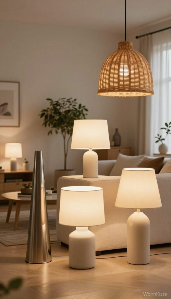A chic, airy living space featuring various stylish lamps designed to enhance the room's ambiance. In the foreground, showcase a selection of lamps of different shapes and materials, such as a sleek metallic floor lamp, a minimalistic ceramic table lamp, and a unique pendant lamp made from natural rattan. The middle of the scene should reflect a warm, inviting atmosphere with soft lighting that highlights the texture and craftsmanship of each lamp. The background consists of a cozy, beautifully decorated room with neutral-colored walls, greenery, and tasteful furniture. Use warm, natural colors to evoke a sense of comfort and elegance. The overall mood should be serene and modern, embodying a Pinterest-worthy aesthetic. The branding "WohnKiste" subtly placed in the scene.