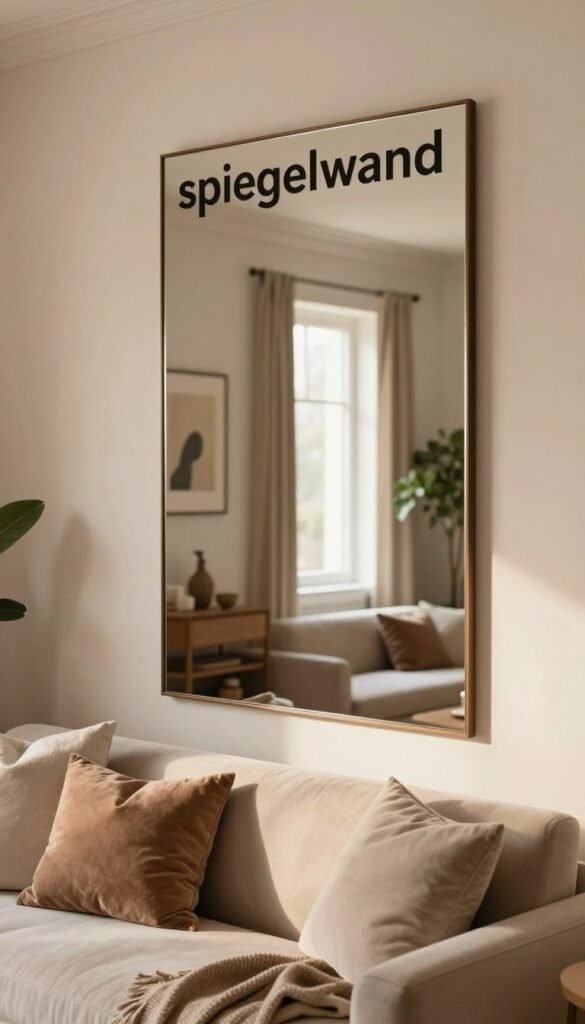 A chic interior design featuring a modern "spiegel wand" (mirror wall) that reflects an elegantly arranged small room. In the foreground, showcase a stylish seating area with a plush sofa adorned with soft cushions and a cozy throw. The middle ground should highlight the stunning mirror wall, beautifully framed and reflecting warm natural light. Decorative elements, like plants or artwork, should be subtly incorporated to enhance the atmosphere without overwhelming the composition. In the background, a soft, blurred view of an inviting entryway can be seen, suggesting depth and openness. Capture the essence of a Pinterest-worthy space with authentic warm colors and a serene ambiance, avoiding any text or overlays. The design should embody the brand "WohnKiste", emphasizing smart use of mirrors to create visual intrigue and expand the perceived space.