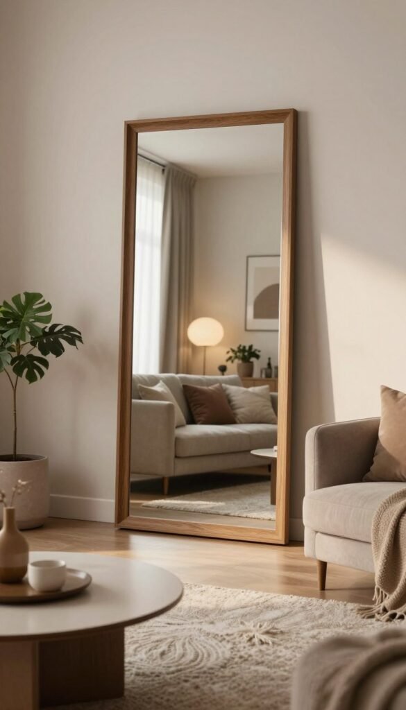 A chic, modern living room featuring a large mirror that acts as a focal point, enhancing the sense of space. In the foreground, a stylish coffee table with a few decorative elements and a cozy textured rug. The middle contains the mirror, reflecting light and creating depth, framed in elegant wood. A plush sofa with neutral tones and soft throw pillows invites relaxation. In the background, soft lighting casts a warm glow, highlighting potted plants that add a touch of nature. The atmosphere is inviting and sophisticated, embodying a cozy, Pinterest-inspired aesthetic. This scene showcases the power of mirrors in small spaces, embodying the essence of WohnKiste.