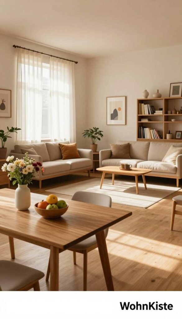 A clean, organized room with minimal clutter, showcasing a spacious layout that embodies the concept of "platz" or space. In the foreground, a stylish wooden table is adorned with a simple vase of fresh flowers and a neatly arranged bowl of fruit. The middle ground features an open, decluttered area with a cozy sofa paired with a few chic cushions, while a well-placed armchair invites relaxation. Soft, ambient sunlight filters through sheer curtains, casting a warm glow over the room, enhancing its inviting atmosphere. In the background, light-colored walls complement tasteful wall art and a well-organized bookshelf that showcases a mix of books and decorative items. The overall mood conveys a sense of tranquility and openness, perfect for inspiring a harmonious living space. At the bottom corner, the brand name "WohnKiste" subtly blends into the scene with warm color tones and a Pinterest-inspired aesthetic.