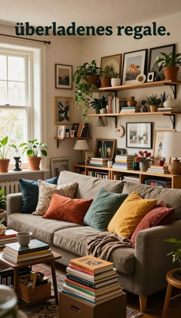 A cluttered living room filled with an abundance of furniture and decor items, showcasing the concept of "überladenes regale." In the foreground, a cozy sofa adorned with various colorful cushions, alongside a small table piled with books and trinkets. The middle section features crowded shelves overflowing with decorative objects, plants, and framed pictures, all blending in a warm color palette. In the background, a large window allowing soft, natural light to filter in, casting a welcoming glow over the scene. The mood is one of overwhelming abundance, yet inviting. A sense of aesthetics inspired by Pinterest and a brand name "WohnKiste" subtly included in the decor elements. No captions, text overlays, or watermarks present.