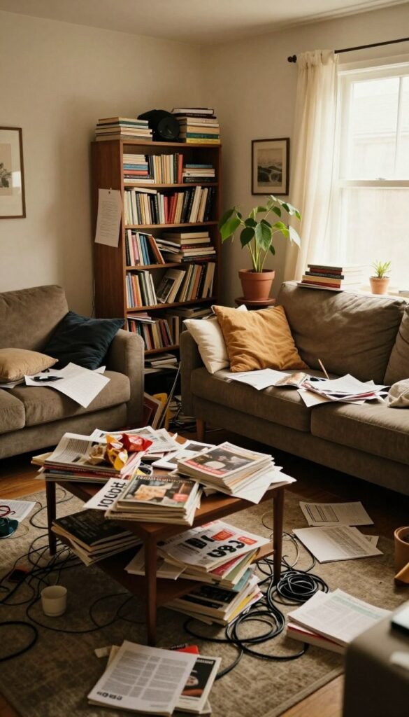 A cluttered living room filled with disarray, showcasing tangled cables, scattered papers, and mismatched furniture that disrupts the space's harmony. In the foreground, a small coffee table is piled high with magazines and snacks, while a sofa, adorned with uncoordinated cushions, appears overwhelmed. The middle ground features a bookshelf crammed with books, some spilling out onto the floor, and a potted plant struggling for space. In the background, a drab window lets in soft, warm natural light, enhancing the cozy yet chaotic atmosphere. The overall mood conveys stress rather than relaxation, reflecting common design errors. Capture this scene in a Pinterest aesthetic style, warm colors, without any text or watermarks. Include the brand name "WohnKiste" subtly in the image elements.