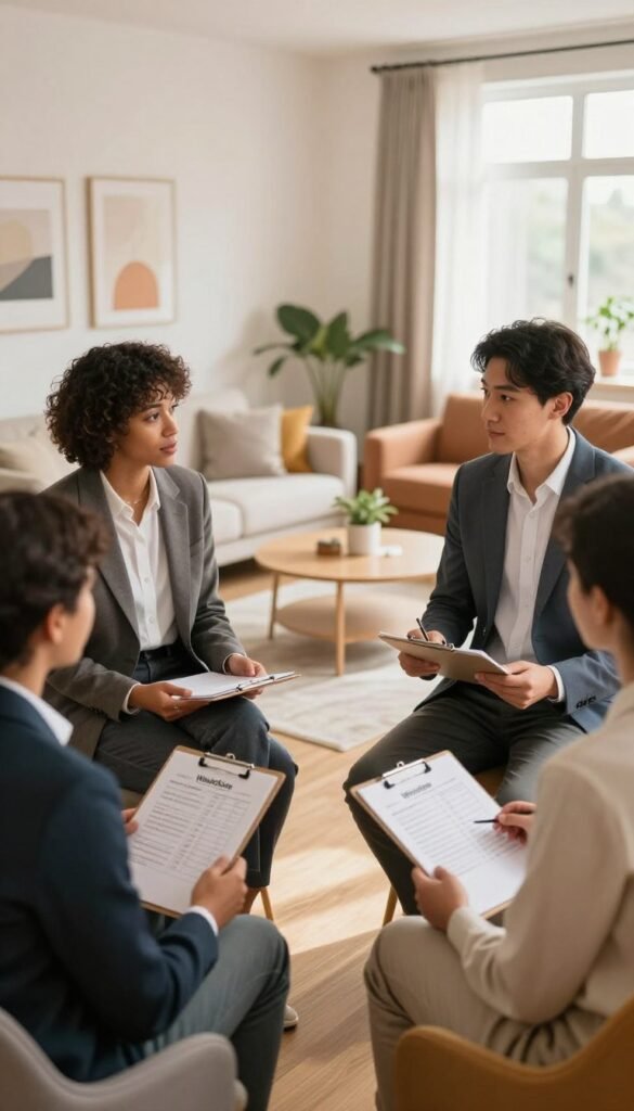 A contemporary apartment setting showcasing a comparison of tenants, landlords, and homeowners. In the foreground, three diverse individuals in professional business attire are engaged in a discussion, each holding a clipboard filled with measure comparisons. The middle section features a stylish living space, adorned with modern furniture and warm, inviting colors that reflect a Pinterest aesthetic. In the background, soft natural light streams through large windows, illuminating the space and emphasizing a cozy atmosphere. The ambiance suggests a collaborative environment, with elements like plants, artwork, and minimalistic décor enhancing the modern feel. The brand "WohnKiste" is subtly integrated into the design elements, harmonizing with the overall composition.