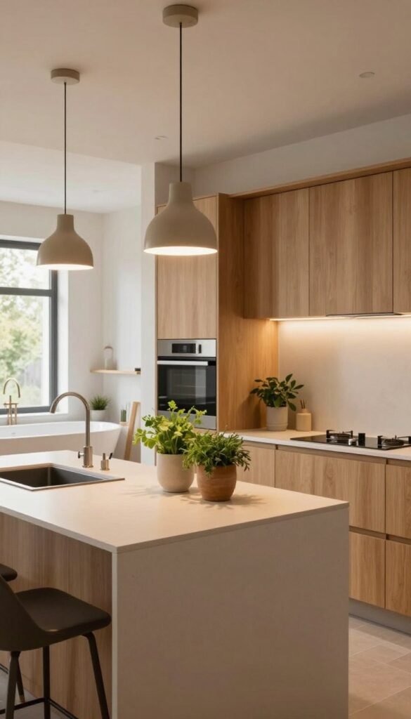 A contemporary bathroom and kitchen design featuring modern fixtures and warm colors, creating a welcoming atmosphere. In the foreground, a sleek, minimalist kitchen island with pendant lighting casting a soft glow. The middle layer showcases the stylish cabinetry with natural wood accents and integrated appliances. A well-organized countertop adorned with fresh herbs in decorative pots adds a touch of authenticity. In the background, an elegant bathroom with a freestanding tub and large windows allowing natural light to flood the space. The overall mood is homey and inviting, capturing a Pinterest-inspired aesthetic. The image should clearly reflect a cohesive style, with no text or logos visible, focusing solely on the beauty of the design. Inspired by WohnKiste's approach to modern living.