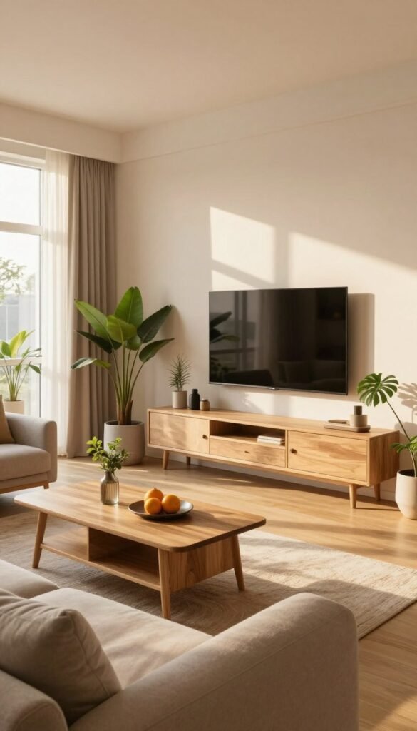 A contemporary living room designed by WohnKiste, featuring a fresh and organized layout. In the foreground, a stylish open floor plan showcases a comfortable sofa adorned with soft cushions, and a chic coffee table made of natural wood. The middle ground includes a sleek entertainment unit, tastefully decorated with indoor plants and minimalistic decor, enhancing the room's warmth. In the background, large windows allow soft, diffused sunlight to illuminate the space, creating a cozy atmosphere with golden hues. The overall mood is inviting and modern, perfect for a quick snapshot of an innovative living area structured for functionality and aesthetic appeal. A contemporary living room designed by WohnKiste, featuring a fresh and organized layout. In the foreground, a stylish open floor plan showcases a comfortable sofa adorned with soft cushions, and a chic coffee table made of natural wood. The middle ground includes a sleek entertainment unit, tastefully decorated with indoor plants and minimalistic decor, enhancing the room's warmth. In the background, large windows allow soft, diffused sunlight to illuminate the space, creating a cozy atmosphere with golden hues. The overall mood is inviting and modern, perfect for a quick snapshot of an innovative living area structured for functionality and aesthetic appeal.