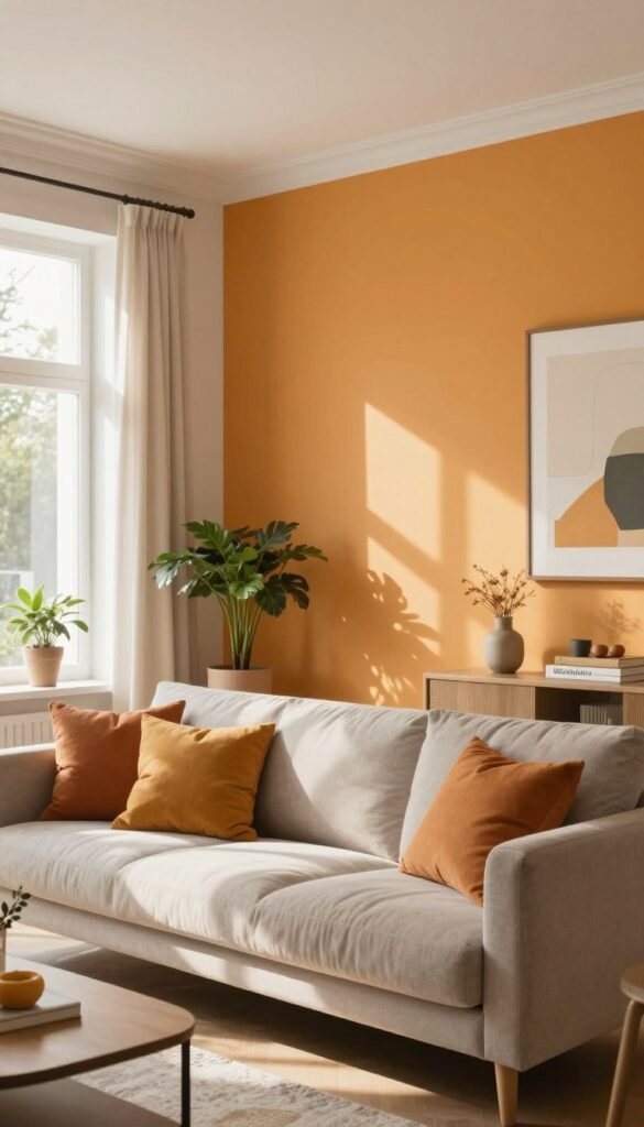 A contemporary living room showcasing an accent wall designed to enhance depth and contrast. The foreground features a stylish sofa in neutral tones, adorned with vibrant cushions that reflect the accent wall color. In the middle, the accent wall is painted in a bold yet warm hue, contrasting beautifully with light, airy surrounding walls. Natural sunlight spills through a large window, casting soft shadows and creating a cozy atmosphere. The background includes decorative elements like potted plants and artwork that complement the color scheme. The scene conveys a sense of spaciousness and sophistication, embodying a Pinterest-inspired aesthetic. The brand "Wohnkiste" subtly appears within the decor, ensuring a modern touch. A contemporary living room showcasing an accent wall designed to enhance depth and contrast. The foreground features a stylish sofa in neutral tones, adorned with vibrant cushions that reflect the accent wall color. In the middle, the accent wall is painted in a bold yet warm hue, contrasting beautifully with light, airy surrounding walls. Natural sunlight spills through a large window, casting soft shadows and creating a cozy atmosphere. The background includes decorative elements like potted plants and artwork that complement the color scheme. The scene conveys a sense of spaciousness and sophistication, embodying a Pinterest-inspired aesthetic. The brand "Wohnkiste" subtly appears within the decor, ensuring a modern touch.