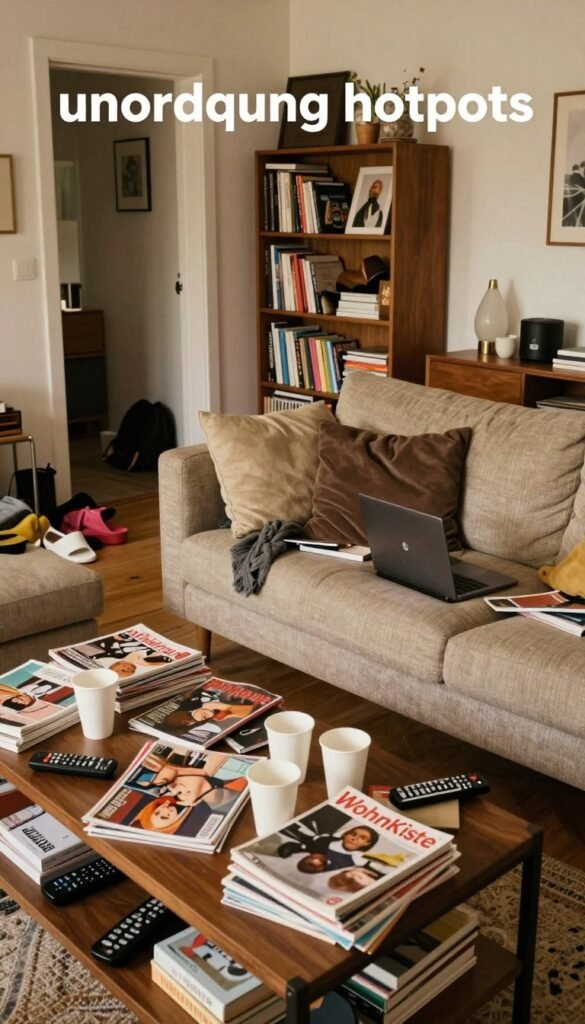 A contemporary living room showcasing typical "unordnung hotpots," filled with clutter that creates a sense of chaos. The foreground features a coffee table strewn with magazines, empty cups, and scattered remote controls. In the middle, a disorganized couch is piled with cushions and a half-open laptop. The background shows a cluttered bookshelf with a mix of books and decorative items, while a small entryway is visible with shoes and bags haphazardly placed. The lighting is warm, casting a cozy yet chaotic atmosphere with soft, natural hues reminiscent of Pinterest aesthetics. The overall look is authentic, inviting, and relatable. The brand "WohnKiste" is subtly integrated into the design, seamlessly blending with the decor elements.
