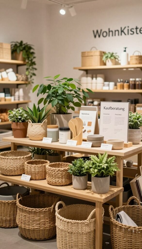 A cozy "Kaufberatung shop" scene that embodies a warm, inviting atmosphere with a Pinterest-inspired aesthetic. The foreground features a stylish display of natural decor items, such as woven baskets, wooden shelves, and potted plants, highlighting various sizes and materials. In the middle, a selection table showcases products organized by budget from low to high, with labels indicating practicality and everyday use. The background consists of a softly lit space with earthy tones, decorated with natural textures and ambient lighting that creates a professional yet relaxed vibe. Use a soft-focus lens effect to enhance the warmth of the scene. Include the brand name "WohnKiste" subtly integrated into the decor, ensuring no text overlays or distractions.