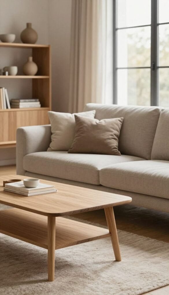 A cozy Scandinavian living room designed by Wohnkiste, featuring furniture with clear, minimalist shapes. In the foreground, a light wood coffee table with clean lines sits atop a soft, textured rug. The middle layer includes a sleek sofa in neutral tones adorned with plush, understated cushions, while a stylish bookshelf displaying decorative objects and books adds character. The background reveals a large window allowing warm, natural light to flood in, illuminating the space. Earthy, warm colors dominate the palette, creating a calm and inviting atmosphere. The scene captures the essence of Scandinavian design, emphasizing functionality, subtle elegance, and a sense of tranquility.