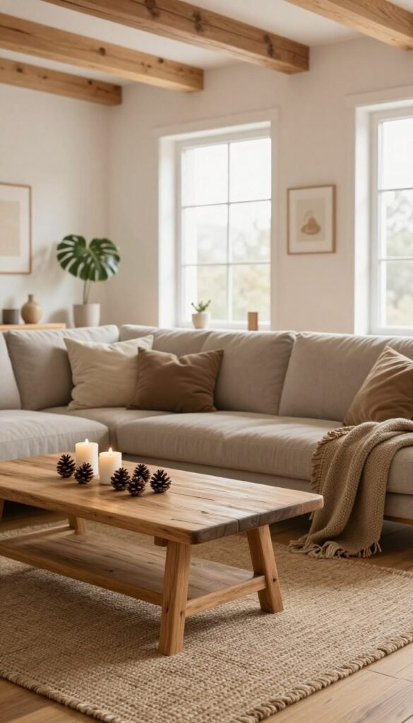 A cozy Scandinavian living room featuring an array of natural wood materials, highlighted by warm earth tones and soft textures. In the foreground, a rustic wooden coffee table adorned with carefully arranged natural decor, like pinecones and small candles. The middle showcases a plush sofa with neutral-toned cushions, complemented by a woven rug that adds warmth to the scene. Large windows in the background allow soft, natural light to flood the space, illuminating the wooden beams of the ceiling and the rich grain of the wooden floor. The atmosphere is inviting and harmonious, reflecting the essence of Scandinavian design. This is an image for Wohnkiste, capturing simplicity and elegance in a functional living space.