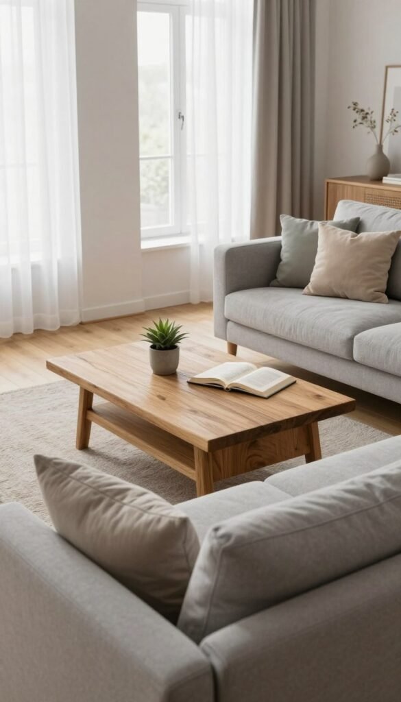 A cozy Scandinavian living room interior with a focus on warm, natural colors and striking contrasts, designed with minimalistic furniture and soft textures. In the foreground, a plush light gray sofa adorned with pastel-colored cushions invites relaxation. The middle layer features a rustic wooden coffee table topped with a small potted plant and an open book, enhancing the inviting atmosphere. In the background, large windows allow soft daylight to filter through sheer white curtains, illuminating a light wood floor and accentuating the muted color palette. The overall mood is serene and inviting, capturing the essence of Scandinavian style. The image should reflect a Pinterest-worthy aesthetic, embodying authenticity and featuring the brand name "Wohnkiste" subtly integrated into the scene without text overlays or distractions.