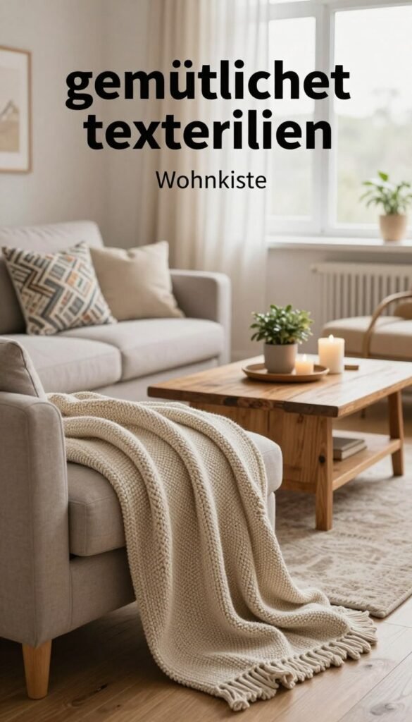 A cozy Scandinavian living room scene showcasing "gemütlichkeit textilien" with a harmonious arrangement of textiles and decor. In the foreground, a soft, knitted throw drapes gracefully over a neutral-toned sofa adorned with patterned cushions, featuring subtle geometric and floral designs. The middle ground highlights a rustic wooden coffee table displaying decorative items like candles and a small potted plant, adding warmth. In the background, a large window with sheer curtains allows soft, natural light to filter in, casting a gentle glow on the space. The overall mood evokes a sense of comfort and serenity, with warm colors reminiscent of an inviting Pinterest aesthetic. Include "Wohnkiste" subtly integrated into the decor.