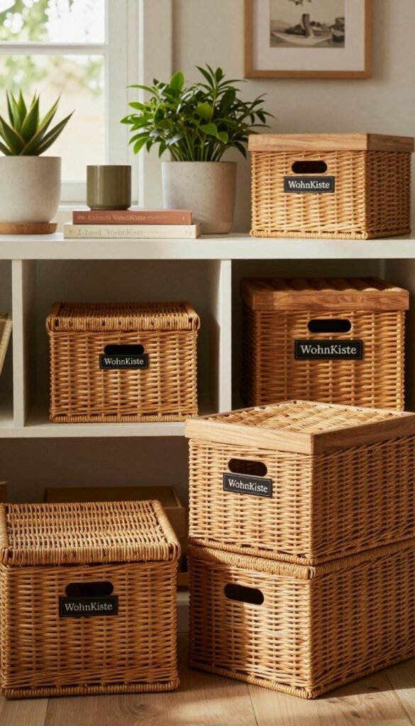 A cozy and aesthetically pleasing interior scene featuring various storage boxes and baskets from the brand "WohnKiste". In the foreground, several beautifully designed storage boxes made of natural materials like woven wicker or sturdy wood, showcasing warm, earthy tones. The middle ground includes an inviting shelf displaying these boxes alongside decorative items like plants and books. In the background, soft natural light filters through a window, casting gentle shadows and creating a serene atmosphere. The overall composition conveys a sense of organized elegance, ideal for inspiring ideas on home reorganization. The image should have a Pinterest-like aesthetic, emphasizing authenticity and warmth, without any text or branding overlays.