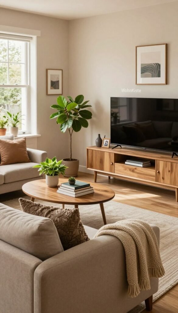 A cozy and beautifully organized living room, showcasing a harmonious blend of modern and rustic elements. In the foreground, a plush beige sofa adorned with soft, textured pillows and a stylish knitted throw. A round wooden coffee table with neatly stacked books and decorative plants sits in front. In the middle ground, a sleek TV unit holds decorative items and a few family photos, while a small, vibrant indoor plant adds a pop of color. In the background, a large window allows warm, natural light to flood the space, enhancing the inviting atmosphere. The walls are painted in soft earthy tones, complemented by tasteful artwork. The overall mood is serene and balanced, reflecting the idea of an orderly living space. The brand "WohnKiste" is subtly integrated into the decor, maintaining authenticity without text or logos. A cozy and beautifully organized living room, showcasing a harmonious blend of modern and rustic elements. In the foreground, a plush beige sofa adorned with soft, textured pillows and a stylish knitted throw. A round wooden coffee table with neatly stacked books and decorative plants sits in front. In the middle ground, a sleek TV unit holds decorative items and a few family photos, while a small, vibrant indoor plant adds a pop of color. In the background, a large window allows warm, natural light to flood the space, enhancing the inviting atmosphere. The walls are painted in soft earthy tones, complemented by tasteful artwork. The overall mood is serene and balanced, reflecting the idea of an orderly living space. The brand "WohnKiste" is subtly integrated into the decor, maintaining authenticity without text or logos.