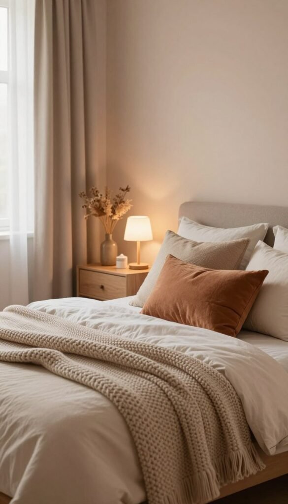 A cozy and calming bedroom scene designed with "wohnKiste" aesthetics in mind. In the foreground, showcase soft, textured textiles like a chunky knit blanket draped over a neatly made bed, accompanied by a set of decorative pillows in warm, earthy tones. The middle ground features a stylish nightstand with a small, elegant lamp casting a gentle glow, and a few curated accessory items like a vase with dried flowers. In the background, illustrate a tastefully painted wall in soothing pastels or muted colors that promote tranquility, alongside a window with sheer curtains that let natural light filter in. The overall atmosphere should exude warmth and serenity, inviting viewers to imagine a peaceful retreat. Use soft, diffused lighting to enhance the inviting feel, with a slight depth of field to focus on the textures and colors. Aim for a Pinterest-worthy aesthetic, with an authentic yet polished appearance.