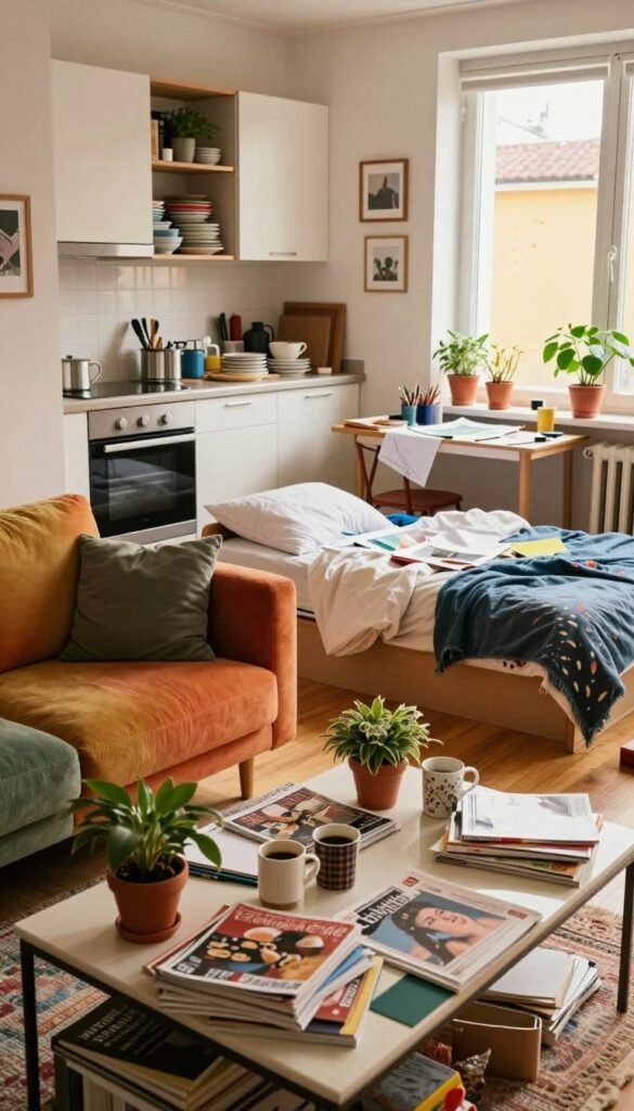 A cozy and chaotic first apartment interior scene showcasing the challenges of newly independent living. In the foreground, a stylish but cluttered coffee table with scattered magazines, half-drunk coffee mugs, and a few indoor plants. The middle ground features a small but vibrant living area with mismatched furniture—a colorful sofa, an unmade bed, and a desk overflowing with papers and art supplies. The background shows a bright kitchen with open cabinets, dishes piled up, and a cheerful window revealing a sunny day. Use warm lighting to create an inviting atmosphere, highlighting textures and colors. The style should evoke a natural, Pinterest-inspired look, focusing on authenticity and warmth. Include a subtle branding element of "WohnKiste" within the decor, ensuring no text or captions disrupt the image. A cozy and chaotic first apartment interior scene showcasing the challenges of newly independent living. In the foreground, a stylish but cluttered coffee table with scattered magazines, half-drunk coffee mugs, and a few indoor plants. The middle ground features a small but vibrant living area with mismatched furniture—a colorful sofa, an unmade bed, and a desk overflowing with papers and art supplies. The background shows a bright kitchen with open cabinets, dishes piled up, and a cheerful window revealing a sunny day. Use warm lighting to create an inviting atmosphere, highlighting textures and colors. The style should evoke a natural, Pinterest-inspired look, focusing on authenticity and warmth. Include a subtle branding element of "WohnKiste" within the decor, ensuring no text or captions disrupt the image.