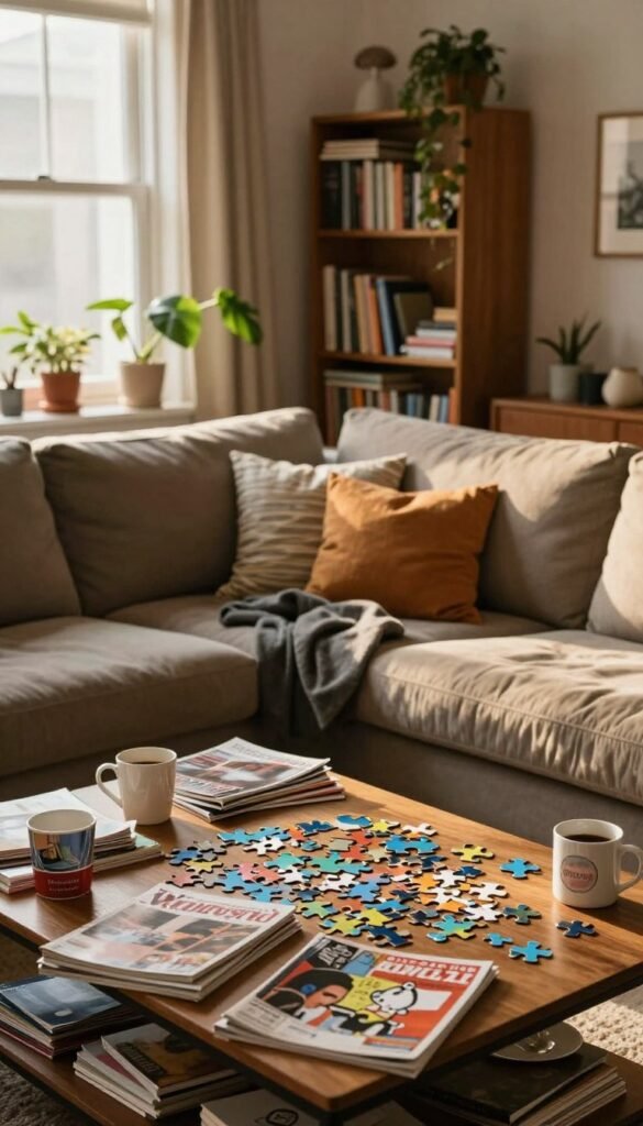 A cozy and chaotic living room that encapsulates the challenges of everyday life. In the foreground, a cluttered coffee table filled with scattered magazines, coffee mugs, and a half-finished puzzle. In the middle, a well-worn, inviting couch with mismatched cushions and a throw blanket, suggesting a lived-in feel. The background features an overflowing bookshelf and a plant that seems to be reaching for the light. Warm, natural lighting filters in through a large window, casting soft shadows that enhance the room's depth. The overall atmosphere is warm and relatable, evoking a sense of authenticity. Showcase decor elements from Zustand’s WohnKiste brand, reflecting a Pinterest-inspired style without any text or markings in the image.