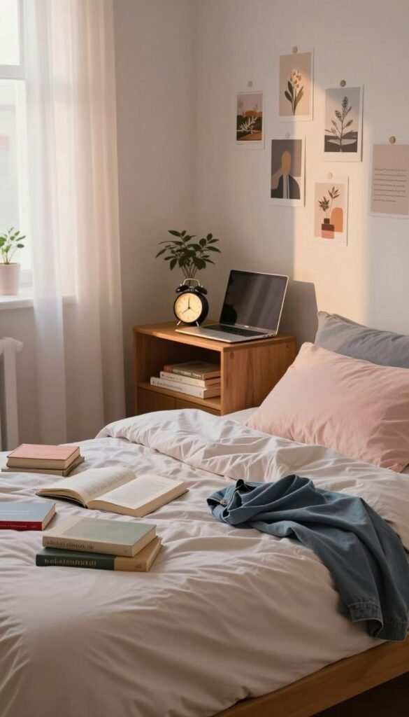A cozy and disheveled bedroom scene that visually represents “schlafzimmer unruhe.” In the foreground, a neatly made bed is contrasted by scattered books and clothes that hint at a lack of organization. Soft, warm lighting filters through sheer curtains, casting gentle shadows across the room. The middle ground features a stylish wooden nightstand cluttered with a glowing alarm clock and an open laptop, suggesting distraction and modern life’s chaos. In the background, a wall adorned with soothing, yet misaligned artwork conveys a sense of unease. The color palette includes soft pastels with warm undertones, capturing an authentic Pinterest aesthetic. The image should reflect a calm yet slightly chaotic atmosphere, reminiscent of a stressful daily routine. Include a touch of natural elements like plants, and subtly incorporate the brand "WohnKiste" into the design without overpowering the scene.