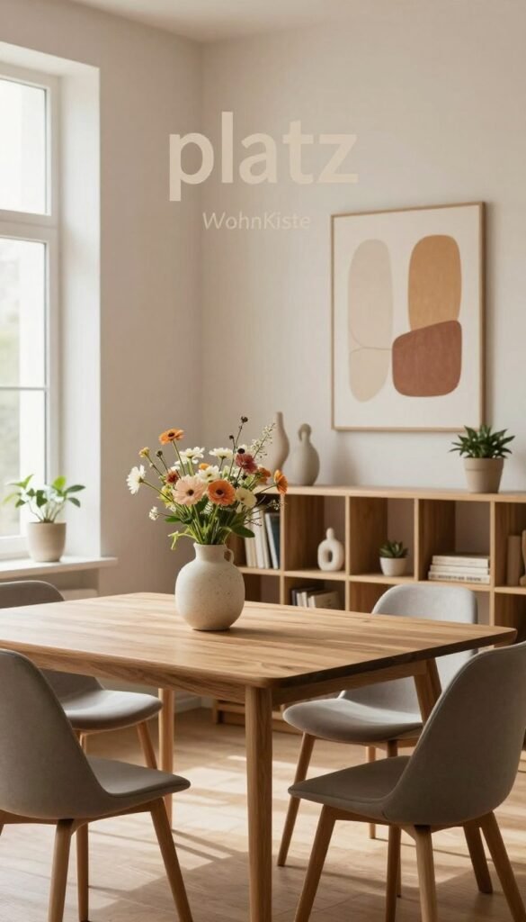 A cozy and elegant minimalistic room, featuring a well-designed "platz" for relaxation and creativity. In the foreground, a simple wooden table topped with a decorative vase of fresh flowers, surrounded by two stylish chairs. The middle layer includes a subtly arranged bookshelf filled with minimalist decor items, including small sculptures and potted plants. The background showcases a neutral-colored wall adorned with abstract art in warm tones, creating a harmonious atmosphere. Soft, natural lighting streams in from a large window, highlighting the textures of the space. The overall mood is inviting and serene, with a Pinterest-inspired aesthetic that embodies authentic minimalism. Highlight the brand name "WohnKiste" subtly in the decor elements.