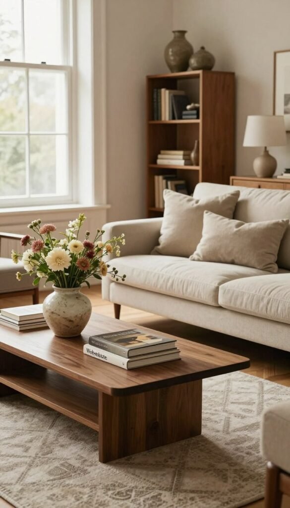 A cozy and elegantly designed living space showcasing timeless furniture and decor styles. In the foreground, a beautifully arranged coffee table with a stack of art books, a ceramic vase filled with fresh flowers, and a stylish, neutral-toned area rug. The middle ground features a comfortable sofa adorned with soft cushions, alongside a slender bookshelf filled with eclectic yet cohesive decor items. In the background, large windows bathe the room in warm, natural light, highlighting wooden floorboards and soft, neutral wall colors. The atmosphere is inviting and serene, radiating a sense of calm and sophistication. The overall aesthetic embodies the essence of “Wohnkiste,” emphasizing harmonious living with a classic touch.