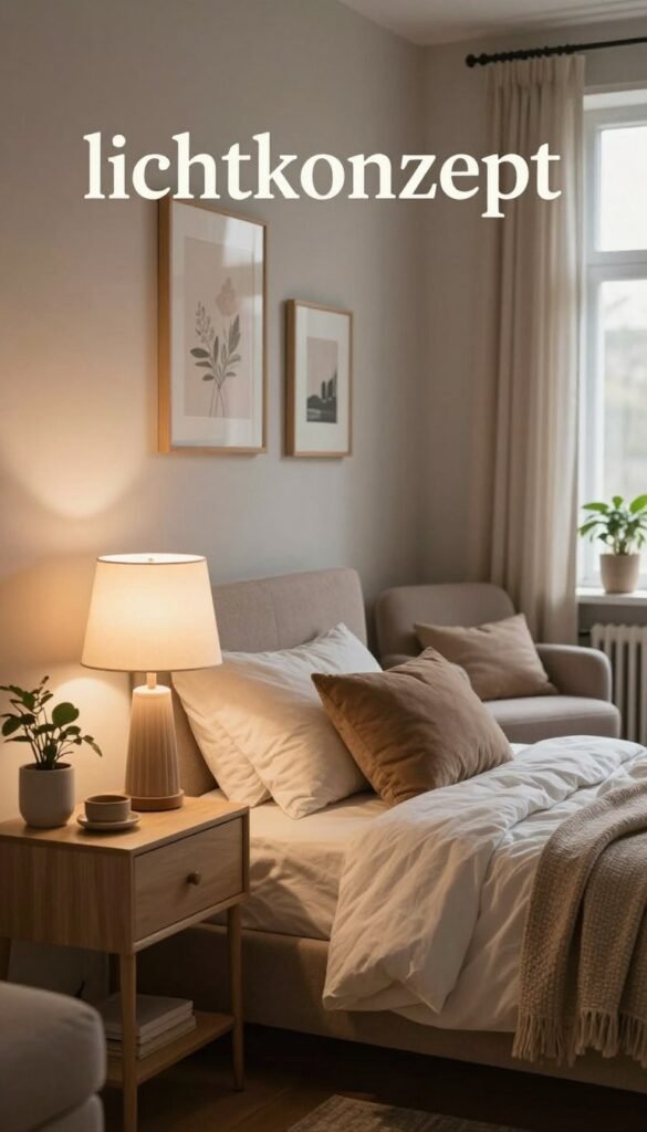 A cozy and functional bedroom lighting concept, showcasing a beautifully designed space with warm, natural colors. In the foreground, a stylish bedside table holds a charming lamp that casts a soft glow, complemented by a neatly made bed featuring plush pillows and a textured throw. In the middle, a comfortable armchair sits beside a window, allowing natural light to filter in, creating an inviting atmosphere. The background features soft, muted wall colors and tasteful decorative elements, such as framed art and indoor plants, arranged authentically without any text or logos. The overall mood is tranquil and serene, reflecting the essence of a perfect "lichtkonzept" that is neither harsh nor overbearing. The aesthetic aligns with a dreamy Pinterest look, embodying the brand identity of WohnKiste.