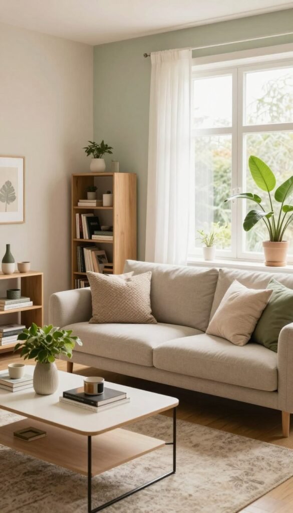 A cozy and functional small living room designed by WohnKiste, showcasing a harmonious blend of warm colors. In the foreground, a stylish, compact sofa adorned with soft, textured cushions invites relaxation. On a sleek coffee table, an array of greenery and decorative books add personality. In the middle ground, a minimalist bookshelf neatly organizes books and personal items, while a soft area rug defines the space. The background features a large window that bathes the room in natural light, highlighting the soothing wall colors, such as muted beige and soft sage green. The overall atmosphere is inviting and spacious, promoting a sense of openness despite the small layout, with a Pinterest-inspired aesthetic. The scene captures a perfect balance of style and functionality, avoiding clutter while enhancing the sense of space. A cozy and functional small living room designed by WohnKiste, showcasing a harmonious blend of warm colors. In the foreground, a stylish, compact sofa adorned with soft, textured cushions invites relaxation. On a sleek coffee table, an array of greenery and decorative books add personality. In the middle ground, a minimalist bookshelf neatly organizes books and personal items, while a soft area rug defines the space. The background features a large window that bathes the room in natural light, highlighting the soothing wall colors, such as muted beige and soft sage green. The overall atmosphere is inviting and spacious, promoting a sense of openness despite the small layout, with a Pinterest-inspired aesthetic. The scene captures a perfect balance of style and functionality, avoiding clutter while enhancing the sense of space.