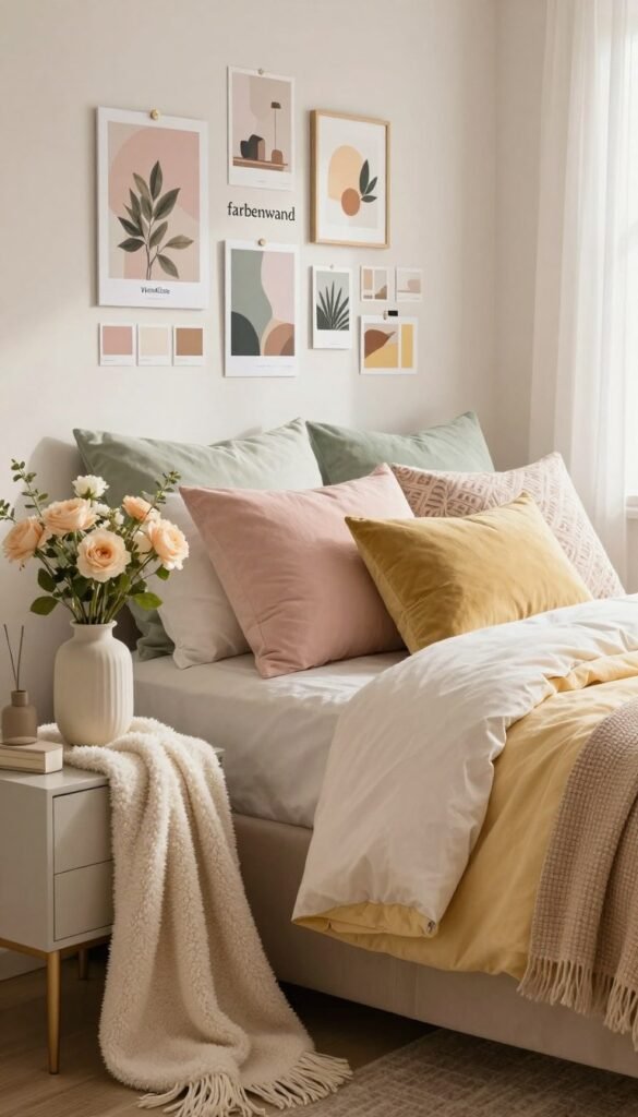 A cozy and inviting bedroom featuring a "farben wand" with a harmonious blend of soft, warm colors like pastel pinks, gentle yellows, and soft greens. In the foreground, elegant decor pieces such as a plush textured throw and a tasteful vase of fresh flowers rest on a stylish nightstand. The middle ground showcases a comfortably made bed with layered bedding and decorative pillows reflecting a cohesive color scheme. In the background, a well-organized moodboard is visible, displaying favorite decor samples and inspiring design elements, alluding to a modern Pinterest aesthetic. Soft, natural light streams through a window, creating a warm ambiance. The image embodies a calm and stylish atmosphere, emphasizing authenticity and comfort while featuring the brand name "WohnKiste" subtly in the decor.