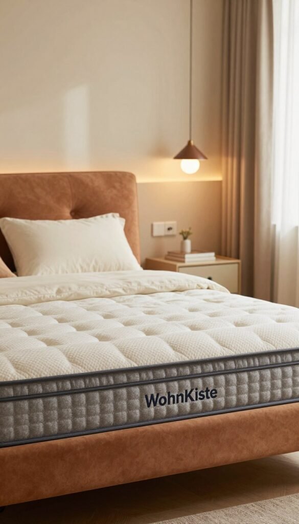 A cozy and inviting bedroom featuring a stylish bed with a premium "WohnKiste" mattress and a beautifully designed headboard. In the foreground, focus on the elegantly upholstered headboard in warm tones, complemented by a plush mattress adorned with soft, layered bedding. The middle ground showcases the bed set against a softly lit backdrop with tasteful bedside tables and warm lighting from pendant lamps. In the background, a decorative wall featuring subtle textures or a calming paint color enhances the serene atmosphere. The overall mood is tranquil and harmonious, with natural lighting streaming through sheer curtains, creating a Pinterest-worthy aesthetic filled with warmth and authenticity.