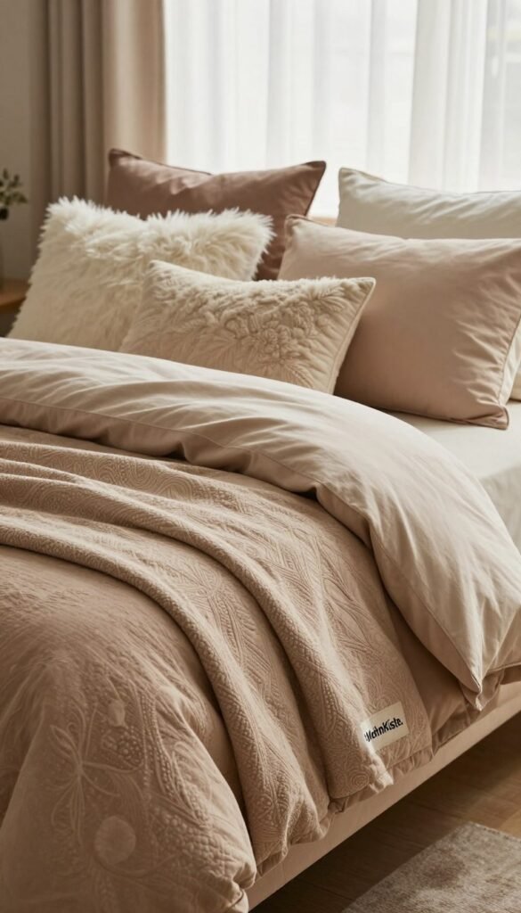 A cozy and inviting bedroom featuring beautifully arranged bedding, including a soft, textured duvet cover in warm earth tones and fluffy decorative pillows in various sizes. The scene includes a stylish bedspread draped casually over the edge of the bed, all from the brand "WohnKiste." The foreground showcases close-up details of the fabrics, highlighting their intricate patterns and inviting textures. In the middle ground, the plush bed exudes warmth and comfort, adorned with a tasteful assortment of cushions. The background consists of soft, natural lighting filtering through sheer curtains, casting a gentle glow across the room. The atmosphere is relaxed and tranquil, embodying a sense of calm and coziness ideal for enhancing personal space.
