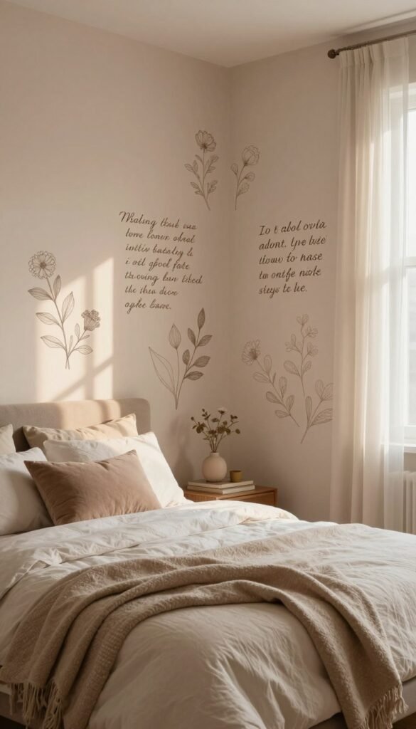 A cozy and inviting bedroom featuring unique wall decals, elegantly placed to enhance the room's charm. In the foreground, a stylish bed with soft, textured linens and a plush throw, complemented by minimalist decorative pillows. The middle section showcases artistic wall tattoos of delicate floral patterns and inspiring quotes, artfully applied on the soft-hued walls. In the background, warm natural light filters through sheer curtains, casting gentle shadows that create a serene atmosphere. The overall color palette consists of warm, earthy tones, evoking a tranquil and relaxing mood. The scene embodies a Pinterest-inspired aesthetic, capturing a modern yet authentic look, with the brand name "WohnKiste" subtly suggested in the décor elements, ensuring a cohesive design without any text or overlays.