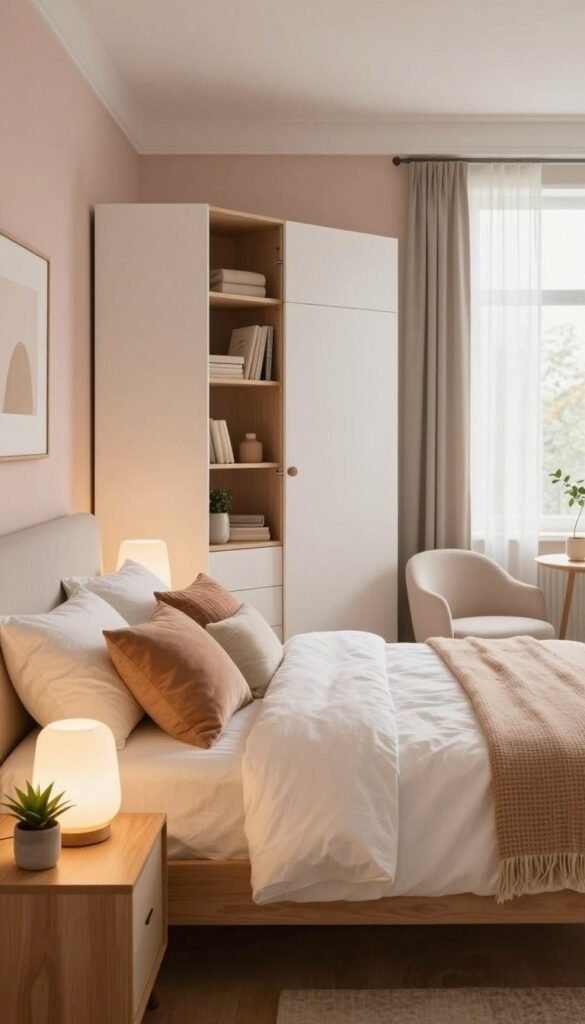 A cozy and inviting bedroom interior, featuring a comfortable queen-sized bed with fluffy white bedding and decorative pillows in warm tones. In the foreground, a stylish wooden nightstand holds a soft glowing lamp and a small potted plant. The middle ground showcases a minimalist wardrobe with open shelving, neatly organized items, and an accent chair. In the background, large windows with sheer curtains allow soft, natural light to flood the space. The walls are painted in calming pastel shades, enhancing the serene ambiance. The atmosphere is peaceful and relaxing, ideal for restful sleep and efficient storage solutions. The overall design reflects a Pinterest-worthy aesthetic, with touches of modern elegance. Include elements that evoke a sense of warmth and tranquility, showcasing woon essentials from "WohnKiste".