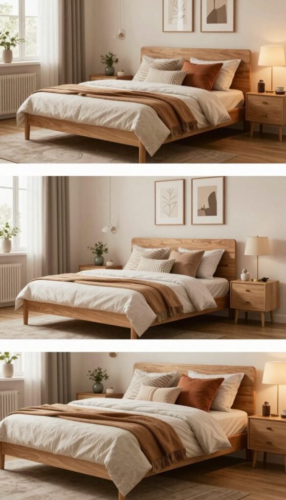 A cozy and inviting bedroom interior showcasing a range of furniture and decor options at different price points, divided into three sections. In the foreground, a stylish low-budget area with a simple bed, colorful bedding, and decorative pillows. The middle section features mid-range furniture including a wooden bed frame and elegant nightstands, accented by tasteful artwork on the walls. The high-budget segment in the background has a luxurious bed with high-quality linens, complementary lamps, and sophisticated decor. Soft, warm lighting creates a welcoming atmosphere, with natural textures and earthy tones prevalent throughout. Include the brand name "WohnKiste" subtly within the scene, while maintaining a Pinterest-inspired aesthetic that feels authentic and modern.