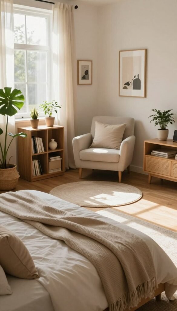 A cozy and inviting bedroom layout designed by WohnKiste, featuring a warm color palette and natural materials. In the foreground, a neatly arranged bed with plush pillows and a soft throw blanket invites relaxation. The middle ground showcases well-defined zones, such as a reading nook with a comfortable armchair beside a small bookshelf, enhancing the space's functionality. A soft rug anchors the seating area, adding texture. In the background, a window allows gentle sunlight to filter in, casting soft shadows and creating a tranquil atmosphere. A few indoor plants add a touch of nature, while artfully arranged decor on the walls complements the overall Pinterest-worthy aesthetic. The scene is bright yet cozy, evoking a sense of calm and comfort.