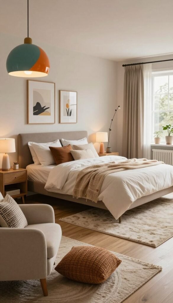 A cozy and inviting bedroom scene emphasizing budget-friendly decor options in three distinct segments: low, mid, and high budget. In the foreground, showcase a stylish low-budget setup featuring minimalist furniture and affordable accessories, like a vibrant ceiling pendant light and decorative pillows. In the middle ground, display a mid-budget arrangement with tasteful artwork, a well-made bed with soft linens, and a plush area rug, creating a balanced, inviting look. In the background, highlight a high-budget section featuring luxury elements like an elegant bed frame, designer lamps, and sophisticated window treatments. Use warm, natural lighting to accentuate the colors, creating a Pinterest-inspired aesthetic. The atmosphere should feel warm and welcoming, with an overall tone of authenticity. The brand name "WohnKiste" subtly integrated into the decor without text overlay. A cozy and inviting bedroom scene emphasizing budget-friendly decor options in three distinct segments: low, mid, and high budget. In the foreground, showcase a stylish low-budget setup featuring minimalist furniture and affordable accessories, like a vibrant ceiling pendant light and decorative pillows. In the middle ground, display a mid-budget arrangement with tasteful artwork, a well-made bed with soft linens, and a plush area rug, creating a balanced, inviting look. In the background, highlight a high-budget section featuring luxury elements like an elegant bed frame, designer lamps, and sophisticated window treatments. Use warm, natural lighting to accentuate the colors, creating a Pinterest-inspired aesthetic. The atmosphere should feel warm and welcoming, with an overall tone of authenticity. The brand name "WohnKiste" subtly integrated into the decor without text overlay.