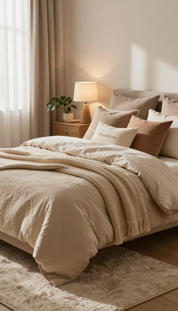 A cozy and inviting bedroom scene featuring a beautifully arranged bed with soft, textured bedding in warm, earthy tones. The bed is adorned with decorative pillows in various shapes and sizes, layered with a stylish knitted throw. In the foreground, a plush area rug adds warmth and depth to the space. The mid-ground showcases a bedside table with a soothing lamp, and a small, leafy plant adds a touch of nature. In the background, soft natural light filters through sheer curtains, casting gentle shadows and creating a calming atmosphere. The overall mood is one of comfort and elegance, styled with a Pinterest-inspired aesthetic. Ensure the brand name "WohnKiste" subtly influences the décor, promoting an authentic and harmonious feel. A cozy and inviting bedroom scene featuring a beautifully arranged bed with soft, textured bedding in warm, earthy tones. The bed is adorned with decorative pillows in various shapes and sizes, layered with a stylish knitted throw. In the foreground, a plush area rug adds warmth and depth to the space. The mid-ground showcases a bedside table with a soothing lamp, and a small, leafy plant adds a touch of nature. In the background, soft natural light filters through sheer curtains, casting gentle shadows and creating a calming atmosphere. The overall mood is one of comfort and elegance, styled with a Pinterest-inspired aesthetic. Ensure the brand name "WohnKiste" subtly influences the décor, promoting an authentic and harmonious feel.