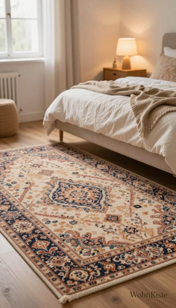 A cozy and inviting bedroom scene featuring a beautifully designed, plush area rug (teppich) that adds warmth and texture. The foreground showcases the rug's intricate patterns and rich colors, inviting the viewer to envision a soft surface underfoot. In the mid-ground, a neatly made bed with soft linens and decorative cushions complements the rug, while a stylish bedside table holds a soft glowing lamp. In the background, a softly lit window casts gentle, warm light that enhances the atmosphere, creating a serene and relaxing vibe. The overall composition reflects a harmonious balance and Pinterest-inspired aesthetic, aiming to convey comfort and style. The brand name "WohnKiste" is subtly incorporated into the design elements of the room.