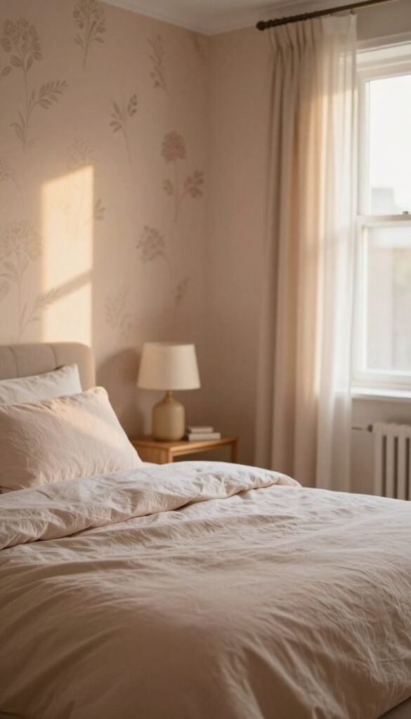 A cozy and inviting bedroom scene featuring a beautifully painted wall in a warm, muted hue, exuding a natural elegance. In the foreground, showcase a stylish bed adorned with soft, textured linens in complementary pastel tones. The middle ground highlights an accent wall with subtle wallpaper featuring delicate floral patterns, harmonizing with the overall color scheme. In the background, include a softly lit window with sheer curtains, allowing warm sunlight to pour in and enhance the serene atmosphere. Use a shallow depth of field to focus on the inviting elements while softly blurring the surroundings. The mood is calm and tranquil, evoking the essence of a refreshing and harmonious bedroom. The image reflects an authentic Pinterest-inspired aesthetic, capturing the essence of "WohnKiste." No text or logos included.