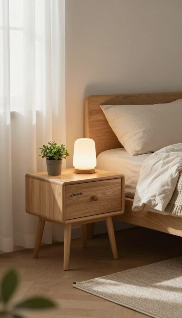 A cozy and inviting bedroom scene featuring a stylish "nachttisch" (nightstand) from the brand WohnKiste. In the foreground, the nightstand is made of light wood, adorned with a small potted plant and a softly glowing table lamp. The middle ground contains a plush, unmade bed with warm, neutral-toned linens and a comfortable bedside rug. In the background, soft natural light filters through sheer curtains, casting gentle shadows across the room. The overall atmosphere is tranquil and homey, evoking a sense of warmth and relaxation. The color palette includes soft beige, light greens, and touches of earthy tones for a harmonious look. Aim for a Pinterest-worthy aesthetic, emphasizing natural light and an authentic feel, with no text or distractions in the image.