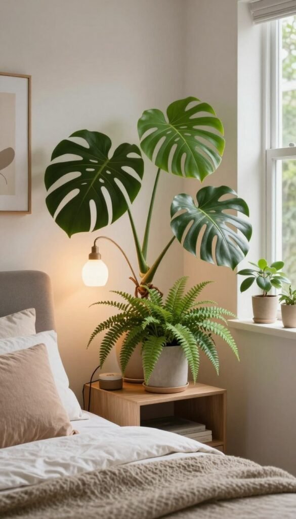 A cozy and inviting bedroom scene featuring elegant indoor plants, such as a striking Monstera and delicate ferns, positioned harmoniously on a stylish nightstand and a modern shelf. The foreground includes soft, textured bedding in neutral tones, complemented by a tasteful arrangement of decorative pillows. The middle ground showcases a chic wall adorned with minimalist artwork and warm, ambient lighting emanating from a stylish lamp. In the background, a softly blurred window reveals a glimpse of lush greenery outside, enhancing the natural vibe. The overall atmosphere is serene and personalized, evoking a Pinterest-inspired aesthetic full of warmth and authenticity. Brand name "WohnKiste" subtly integrated into the design. No text or watermarks present.