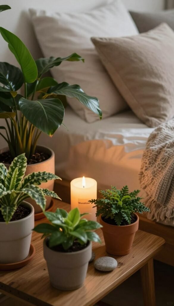 A cozy and inviting bedroom scene featuring lush green plants and softly glowing candles. In the foreground, various potted houseplants with vibrant leaves are arranged on a wooden bedside table, complemented by a few decorative stones. The middle ground showcases a softly flickering candle, casting a warm, gentle light that creates an intimate atmosphere. In the background, you can see a softly textured throw blanket draped over a neatly made bed, with warm, earthy tones reflecting a peaceful vibe. The lighting is soft and ambient, mimicking natural daylight, ideally captured using a 50mm lens for a slight depth of field. The overall aesthetic aligns with a Pinterest-inspired look, embracing authenticity and tranquility, showcasing the brand "WohnKiste" through harmonious design and natural beauty.