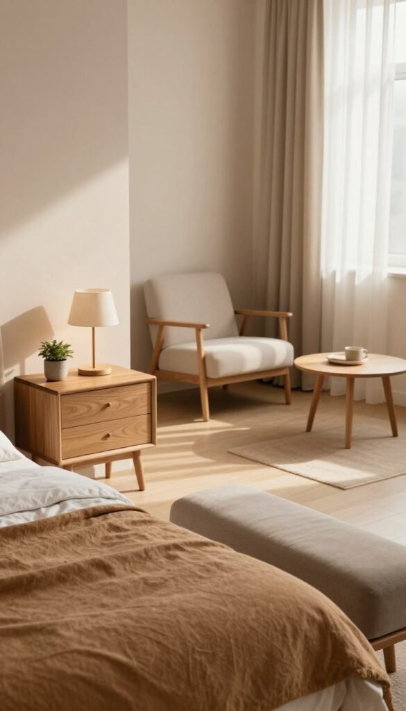 A cozy and inviting bedroom scene featuring small furniture pieces with a significant impact. In the foreground, a stylish wooden nightstand with a minimalist lamp and a small potted plant. Adjacent, a plush bench at the foot of the bed, adorned with soft cushions in warm colors. In the middle ground, a comfortable seating area with a simple yet elegant armchair and a small coffee table, set against a backdrop of soft, natural light filtering through sheer curtains. The background reveals a serene wall with subtle, earth-toned decor. The atmosphere is warm and welcoming, reflecting a contemporary Pinterest aesthetic. The composition emphasizes the interplay of light and shadows, enhancing the authenticity of the space. This image is inspired by WohnKiste.