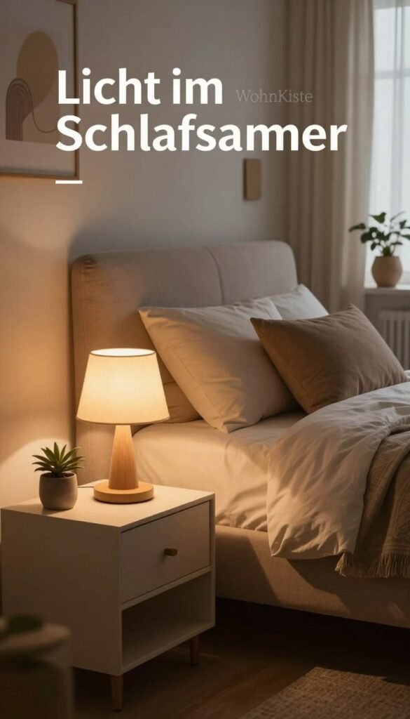 A cozy and inviting bedroom scene featuring warm, dimmable lighting that gently illuminates the space. In the foreground, a modern bedside table with a stylish, warm-toned lamp casting soft light, creating a tranquil atmosphere. The middle ground showcases a plush bed adorned with soft, neutral-toned bedding and accent pillows, inviting relaxation. In the background, soft curtains gently filter natural light, enhancing the warm ambiance. Accent decor includes potted plants and calming artwork subtly displayed on the walls. The overall mood is serene and peaceful, reflecting an elegant, Pinterest-inspired aesthetic while embodying the concept of "Licht im Schlafzimmer". The brand "WohnKiste" is subtly integrated into the decor style without appearing as text.