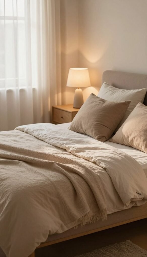 A cozy and inviting bedroom scene focusing on a neatly made bed with a comfortable mattress and soft, warm-colored bedding. In the foreground, the bed is adorned with plush pillows in varying textures and a lightweight, elegant blanket. The middle ground features a bedside table with a calming lamp casting soft, ambient light. The background shows a softly illuminated window draped with sheer curtains, allowing gentle rays of sunlight to filter in, enhancing the tranquil atmosphere. The overall color palette consists of warm, earthy tones, creating a peaceful and relaxing vibe. The style captures a Pinterest-inspired aesthetic, embodying authenticity and comfort, with the brand name "WohnKiste" subtly observed in the arrangement.