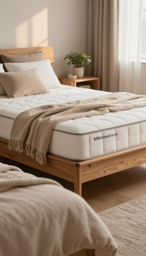 A cozy and inviting bedroom scene showcasing a beautifully made bed with an elegant, plush "bett matratze" from the brand "WohnKiste". The foreground features soft, textured bedding in warm, muted colors with fluffy pillows. In the middle, a stylish wooden bedframe supports the mattress, adorned with a neutral-colored throw that adds charm. The background displays a softly lit room with natural light filtering through sheer curtains, highlighting warm wooden accents and a small bedside table. A potted plant adds a touch of greenery. The overall atmosphere is serene and inviting, perfect for a restful sleep, conveying the essence of bedroom basics.