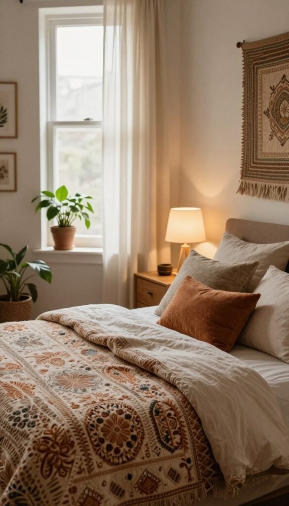 A cozy and inviting bedroom scene, showcasing a harmonious blend of textiles that enhance well-being. In the foreground, a plush, intricately patterned bedspread layered with soft, fluffy pillows in warm earth tones. To the side, a wooden nightstand with a minimalistic lamp casting a warm, gentle glow. In the middle background, a large window with sheer, flowing curtains allowing soft, natural light to filter in, complemented by a few indoor plants for a touch of greenery. The walls are adorned with tasteful textile wall hangings, enhancing the room’s warm atmosphere. The overall mood conveys tranquility and comfort, ideal for relaxation. Style inspired by WohnKiste, emphasizing natural aesthetics and a Pinterest-worthy look, with rich textures and authentic finishes. No text or logos visible in the image.