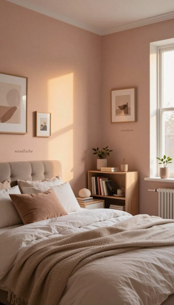 A cozy and inviting bedroom scene showcasing "wandfarbe" on the walls, painted in soft, warm tones that evoke comfort. In the foreground, a neatly made bed with plush pillows and a textured throw blanket features a stylish headboard. The middle ground includes a streamlined bookshelf neatly arranged with books and decorative items, placed against a beautifully painted wall that complements the room's color palette. Subtle artwork and framed photos hang thoughtfully, enhancing the sense of personalization. The background captures a softly lit window, allowing golden morning light to filter into the room, creating a serene atmosphere. The overall mood is warm and inviting, embodying the essence of a modern, lived-in space designed by WohnKiste, perfect for inspiring residential aesthetics.