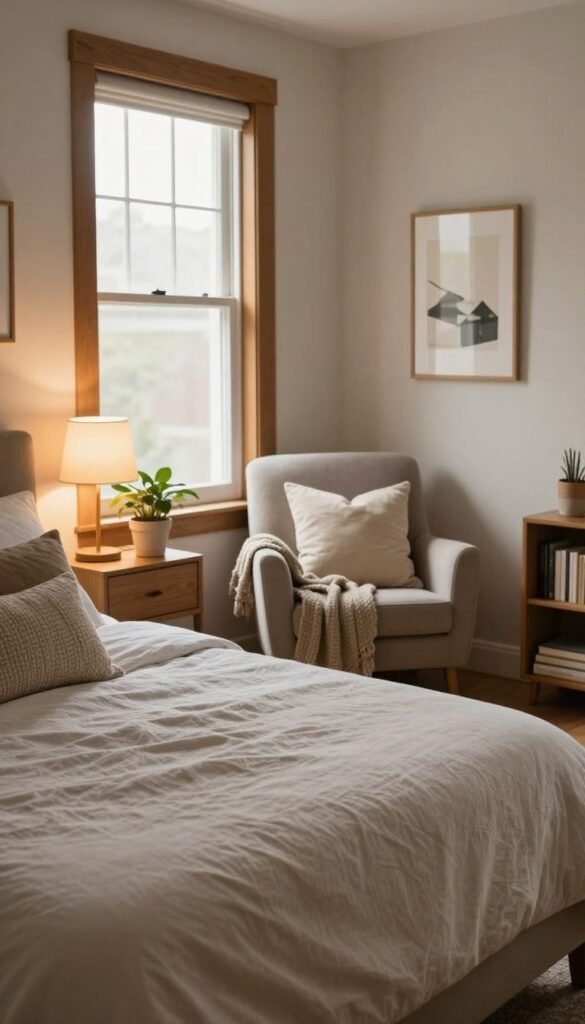 A cozy and inviting bedroom, showcasing a perfect blend of functionality and aesthetics. In the foreground, a neatly made bed with soft, neutral linens and a variety of plush pillows, adorned with a subtle texture pattern. To the left, a stylish nightstand with a small potted plant and a warm, glowing lamp creates a calming ambiance. In the middle, a tasteful armchair with a cozy throw blanket invites relaxation. The background features a large window, allowing natural light to flood the room, highlighting the warm wooden accents and earthy color palette. Decor items, such as framed art and a small bookshelf, add character without creating clutter. The overall atmosphere is serene and harmonious, embodying the perfect Pinterest-inspired bedroom by WohnKiste.