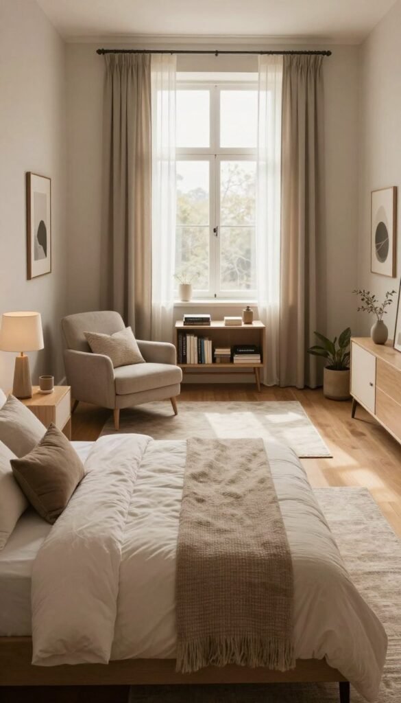 A cozy and inviting bedroom space designed with a modern aesthetic, showcasing warm natural colors and stylish decor. In the foreground, a neatly made bed with soft, textured bedding and decorative pillows, flanked by minimalistic bedside tables with elegant lamps. The middle ground features a stylish area rug, a chic armchair, and a small bookshelf filled with neatly arranged books and decor items. The background reveals a large window with sheer curtains allowing soft, diffused sunlight to illuminate the room, creating a calm and soothing atmosphere. The walls are adorned with tasteful artwork and the layout emphasizes practicality for easy movement, illustrating a quick and efficient room rearrangement. Emphasize the brand "WohnKiste" in the design elements, maintaining a Pinterest-inspired aesthetic that feels authentic and inviting, without any text or watermarks. A cozy and inviting bedroom space designed with a modern aesthetic, showcasing warm natural colors and stylish decor. In the foreground, a neatly made bed with soft, textured bedding and decorative pillows, flanked by minimalistic bedside tables with elegant lamps. The middle ground features a stylish area rug, a chic armchair, and a small bookshelf filled with neatly arranged books and decor items. The background reveals a large window with sheer curtains allowing soft, diffused sunlight to illuminate the room, creating a calm and soothing atmosphere. The walls are adorned with tasteful artwork and the layout emphasizes practicality for easy movement, illustrating a quick and efficient room rearrangement. Emphasize the brand "WohnKiste" in the design elements, maintaining a Pinterest-inspired aesthetic that feels authentic and inviting, without any text or watermarks.